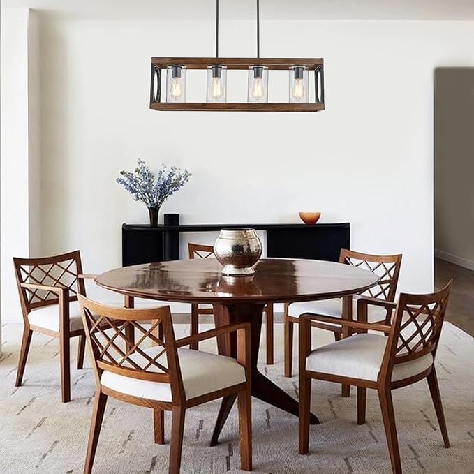 XINGQI Rectangle Chandeliers 31.5" Farmhouse Kitchen Island Lighting Fixture Over Table Modern Vintage Linear Hanging 4-Light for Dining Room Living Room Black Wood Grain Finish with Glass Lampshade