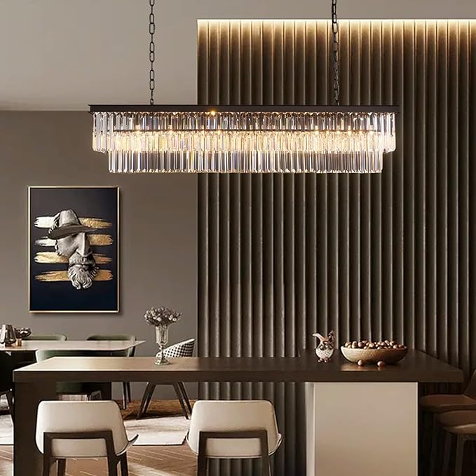Rectangle Crystal Chandelier Black Modern Linear Chandelier Contemporary Pendant Light Fixture 8-Light Hanging Ceiling Light for Dining Room Living Room Kitchen Bedroom Foyer 47''