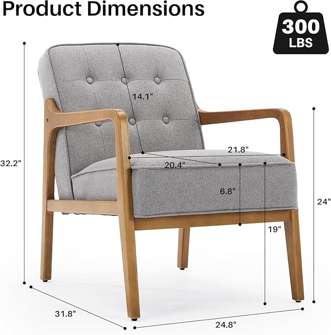 Linen Accent Chair Set of 2, Mid Century Modern Chair for Living Room, Upholstered Comfy Lounge Armchair with Solid Wood Frame, Reading Side Chair for Bedroom,105°Ergonomic Comfort, Grey