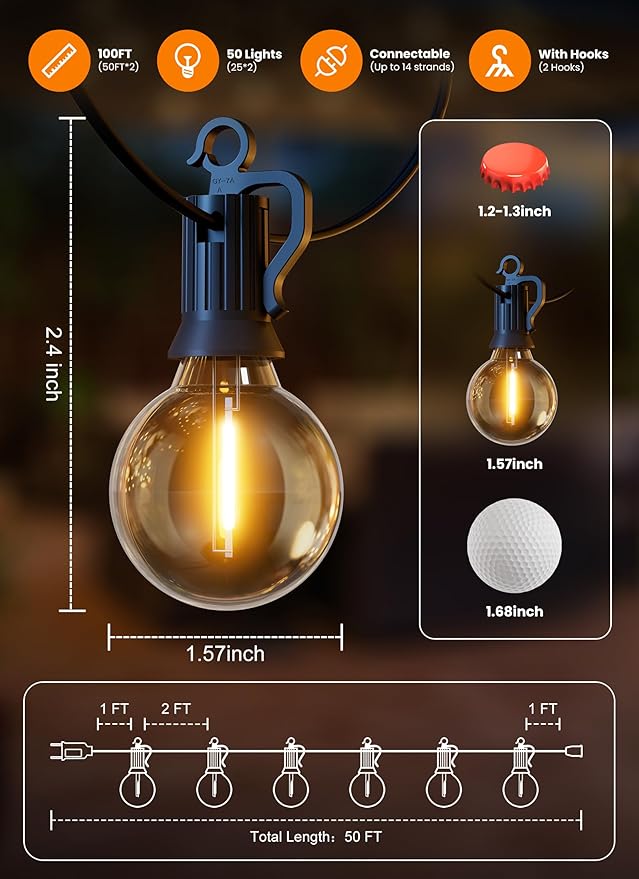 Outdoor-String-Lights-Paio-Lights, 100FT (50FT*2) 50+2 Shatterproof Bulbs Outdoor Patio Lights, IP65 Waterproof Connectable Hanging Outside Light for Backyard, Porch, Deck, Balcony, 2200K