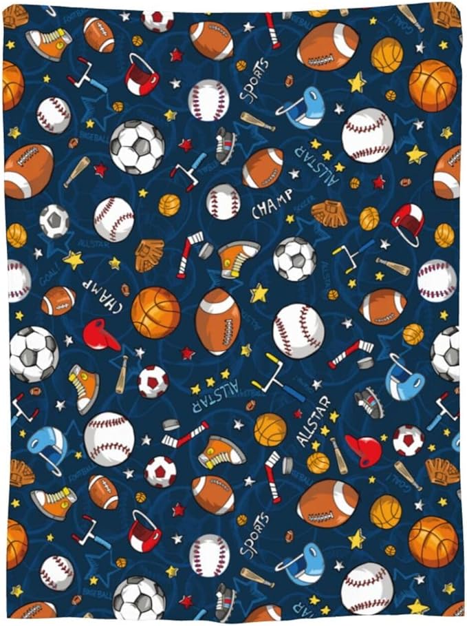 Baseball Football Basketball Sport Theme Throw Blanket 50x40 Inch Soft Fleece Blanket Men Women Gift for Kids Boys Girls for Party Couch Sofa Bed Deco Blankets