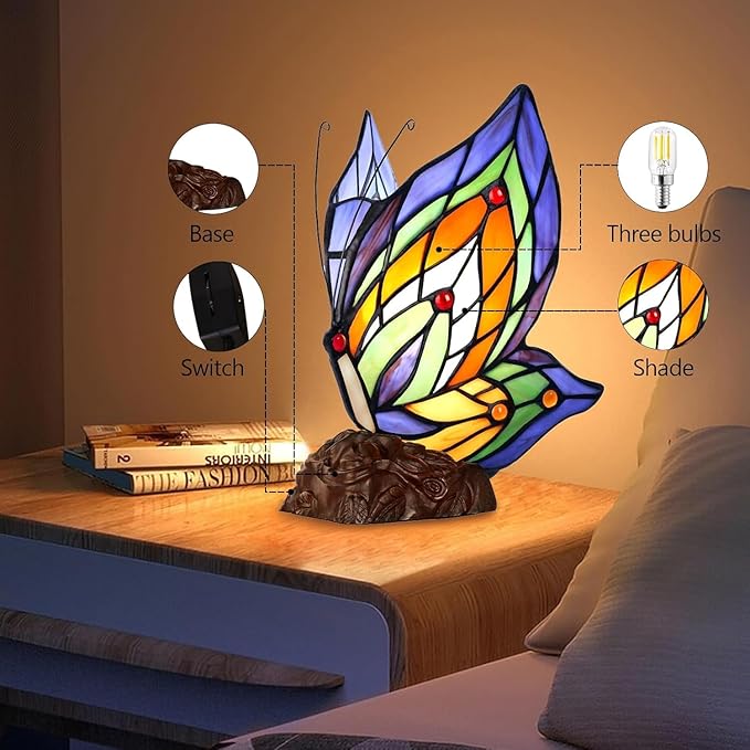 Tiffany Butterfly Table Lamp, 9'' Tall Vintage Stained Glass Lamp, Fairy Reading Night Light for Bedroom Living Room, 1 LED Bulb Included