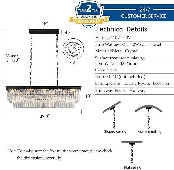 Crystal Chandeliers for Dining Room Light Fixtures Over Table,15-Lights Black Modern Rectangle Chandeliers for Kitchen Island Bar L40 Inch