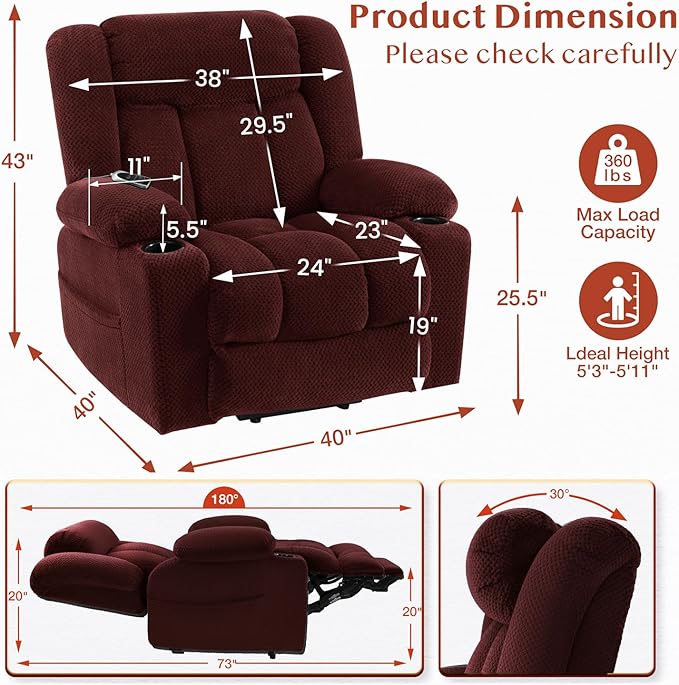 Three Motor Large-Wide Power Lift Chairs Recliners for Big and Tall Elderly, 180° Lay Flat Lift Chair, Infinite Position, Power Headrest, Heat & Vibration Massage (Plush Flannel, Red)