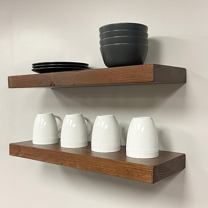 URBANDI, Rustic Floating Shelves, Set of 2, Hidden Bracket, Solid Wood, Heavy Duty, Wall Mounted Shelves, (Provincial, 24Wx12D)