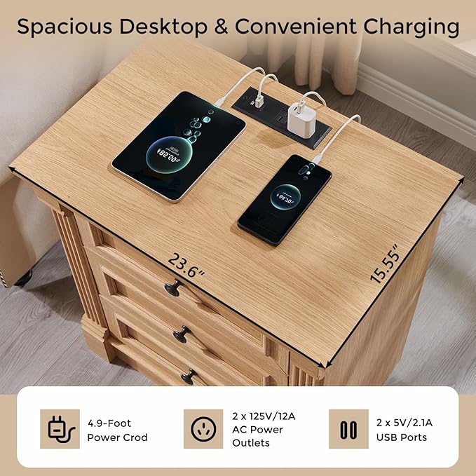 26" Tall Farmhouse Nightstand Set of 2, 3 Drawers End Table w/Charging Station, 23.6" Wide Large Side Table w/Roman Column, Wood Rustic Sofa Table for Bedroom, Natrual