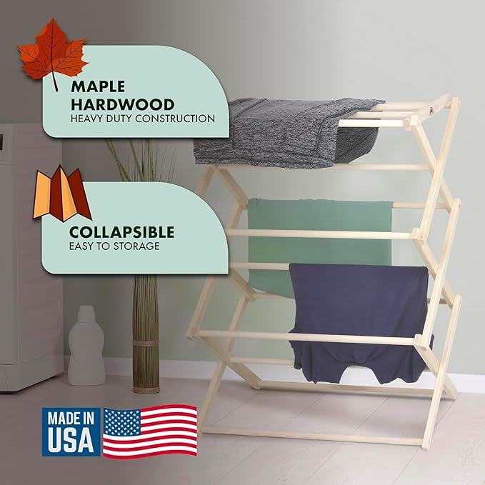 Pennsylvania Woodworks Premium American Maple Clothes Drying Rack - Handcrafted in Pennsylvania - Solid Wood Construction, Collapsible, Eco-Friendly Laundry Solution (X-Large)