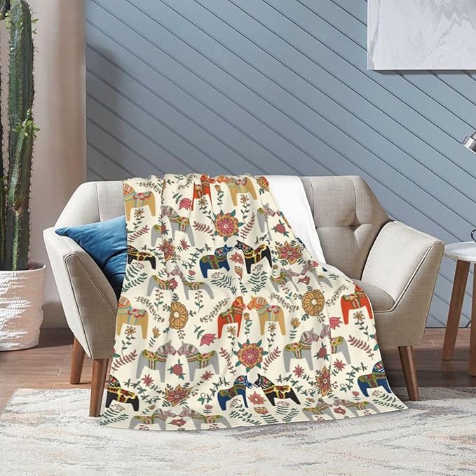Swedish Dala Horses Throw Blanket Soft Fleece Blanket Men Women Gift for Kids Boys Girls for Party Couch Sofa Bed Deco Blankets 50x40