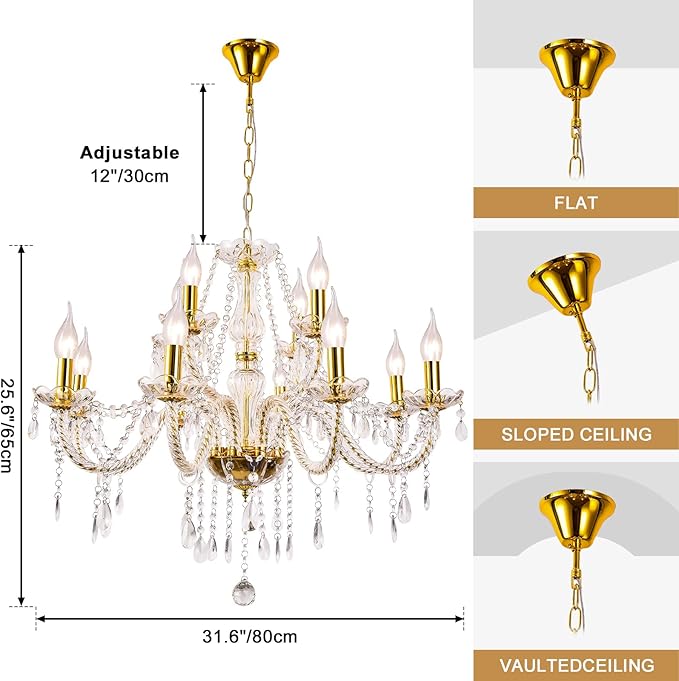 Modern Elegant 12 Lights K9 Crystal Glass Chandelier Golden Pendant Ceiling Lighting European Style for Dining Living Room Bedroom Transparent,12 E12 Bulbs Required