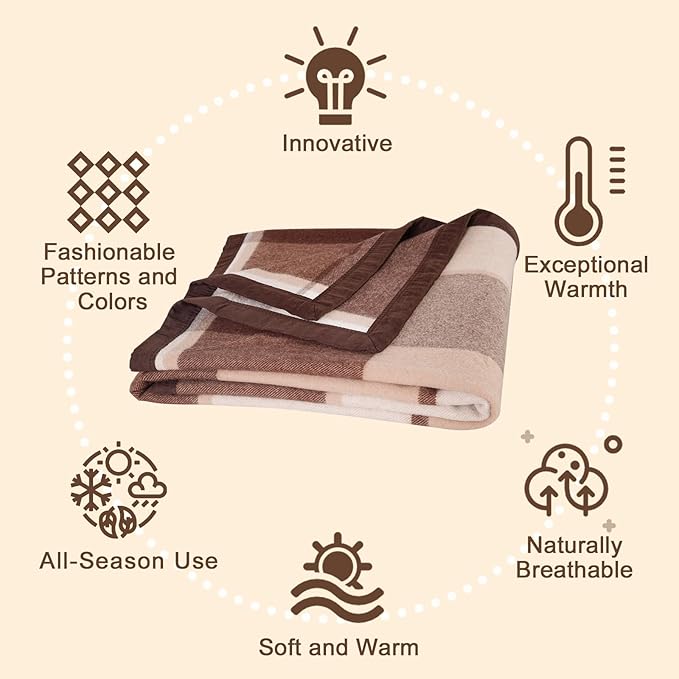 YOUR MOON 100% Pure Wool King Size, Australian Organic Natural Wool Blankets, Hypoallergenic Blanket for Bed, Medium Weight(Coffee, 90 * 108)