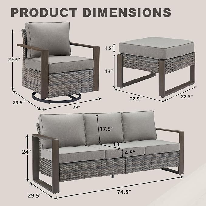 Outdoor Wicker Patio Furniture Set - 5 Piece Patio Conversation Set with 2 Wicker Swivel Rocker Chairs,2 Rattan Ottoman and 1 Couch,Thick Cushions,Deep Seating,Wide Armrest(Mixed Grey/Grey)