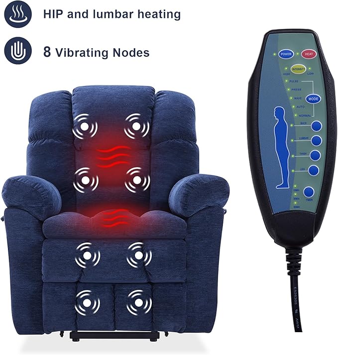 Triple Motor Power Lift Recliner Chair with Massage and Dual Heat for Elderly People, Zero Gravity Lay Flat Recliner Infinite Position, USB Ports(Navy Blue)