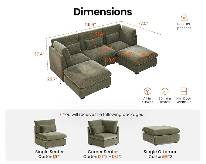 Oversized Modular Sofa, Extra Deep Cloud Chenille Sectional Couch with Ottoman Chaise, Fluffy Chenille 5 Seater Sofa Bed for Living Room, Villa (U Shape 5 Seater, Chenille Green)