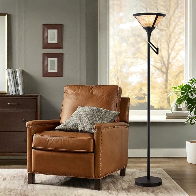 Floor Lamps for Living Room - 70" Black Torchiere Standing Floor Lamp with White Mica Shade - Tall Corner Lamp Decor for Bedroom with Adjustable Swing Arm LED Reading Light for Home Office