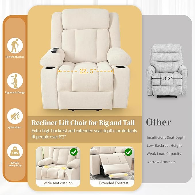 Oversize Power Lift Recliner Chair for Big and Tall with Extended Footrest, Large Electric Lift Chairs, 400lbs Capacity, Remote Control, Cup Holders & Side Pockets