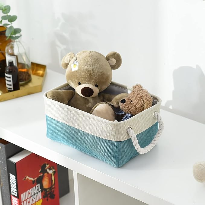 TheWarmHome Fabric Storage Bin with Handles,Storage Basket for Home Storage and Organization, Shelf Basket with Cover for Living Room Bedroom Decor Closet(White & Green,Small ,11.8L×7.9W×5.2H