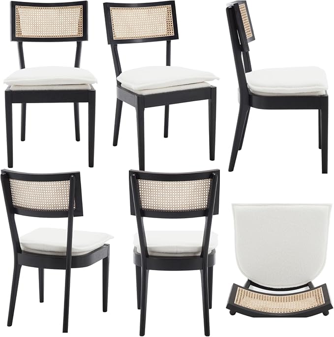 Rattan Dining Chairs Set Of 2 , Mid Century Modern Black Wooden Cane Back Chairs with Removable Sherpa Cushion , Retro Farmhouse Upholstered Kitchen & Dining Room Chairs for Restaurant Living Room