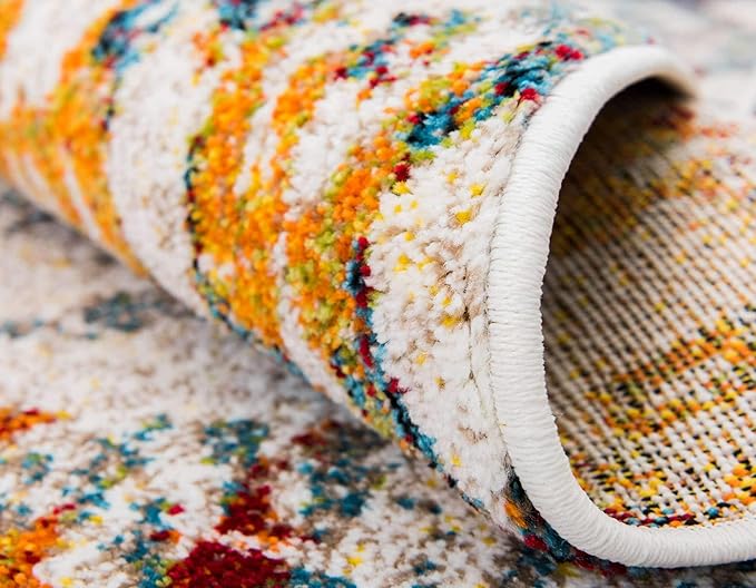 Unique Loom Rosso Collection Vintage, Geometric, Bohemian, Traditional, Distressed, Southwestern Area Rug, Round 4' 0" x 4' 0", Multi/Ivory