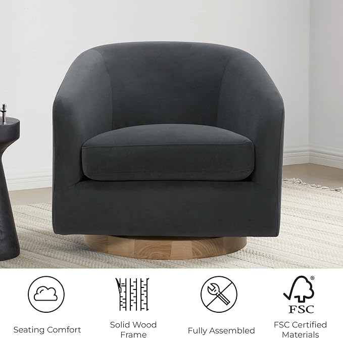 CHITA Swivel Accent Chair, FSC Certified Upholstered Velvet Barrel Chair for Living Room, Fully Assembled, Grey