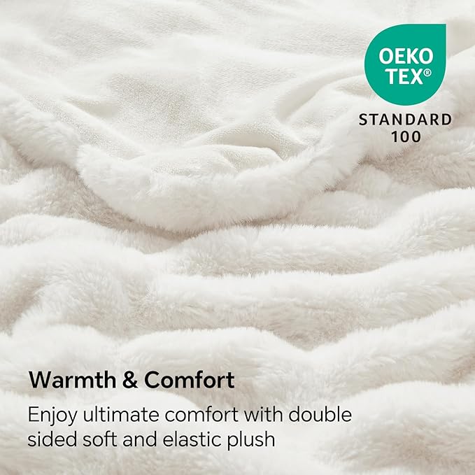 BEDELITE Faux Fur Throw Blanket for Couch, Soft and Cozy Boho Ruched Fluffy Blanket, Warm Plush Fuzzy Faux Rabbit Fur Blanket for Women Gift (Cream, 60"x 80")
