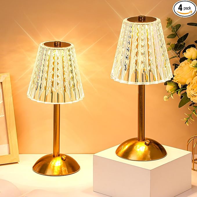 Liliful 4 Pcs LED Portable Cordless Table Lamp Touch Battery Operated Rechargeable Desk Lamp 3 Color Dimmable for Bedroom Living Room Dining (Classic Style,Gold)