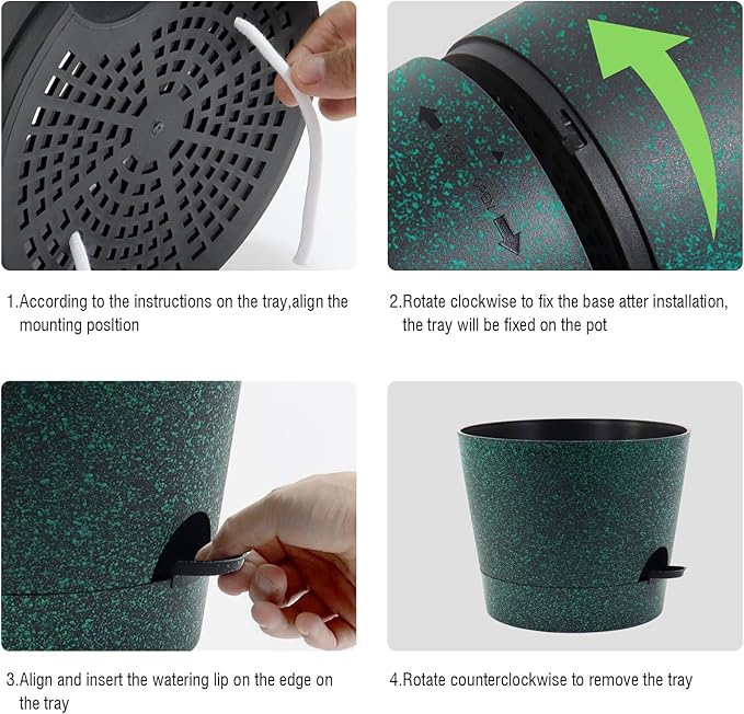 Self Watering Pots for Indoor Plants,12 inch Planters with Drainage Holes Plastic Flower Pots with Deep Reservoir, Black with Green Speckles