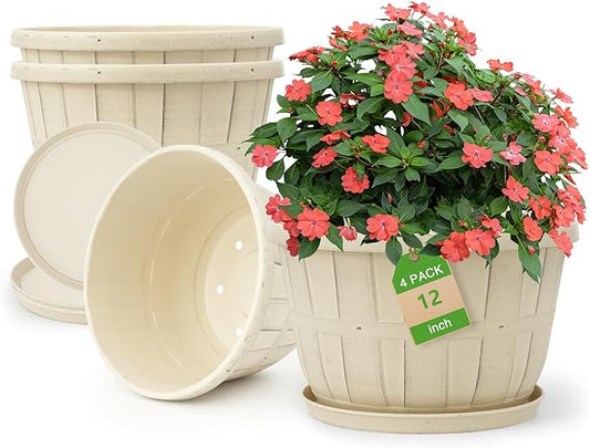 Quarut 12 Inch Large Planter Pot for Plants Indoor Outdoor, 4 Pack Plastic Flower Pots with Drainage Hole & Tray, Modern Decorative Garden Pot with Saucer, Plant Container for House(White)