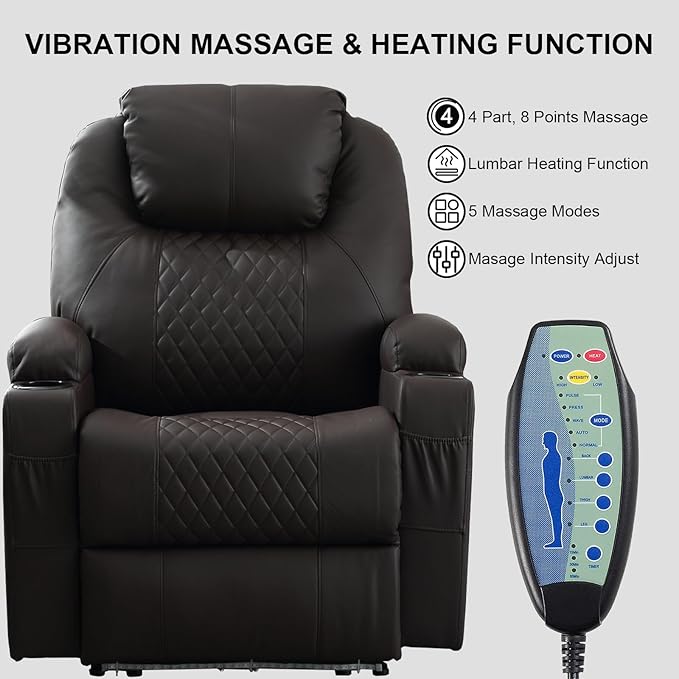 Power Recliner Chair with Heat and Massage, PU Leather Home Theater Seating with LED Lights/Cup Holders/Side Pocket/USB Port, Reclining Sofa Chair for Living Room(2, Brown)