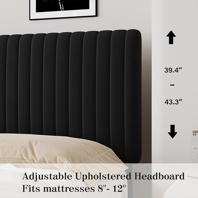 King Size Bed Frame, Velvet Upholstered Platform Bed with Vertical Channel Tufted Headboard and Footboard, No Box Spring Required, Easy Assembly, Black