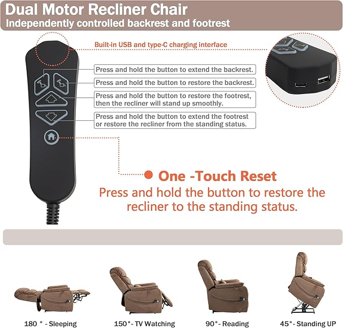 Power Lift Recliner Chair for Adults Elderly Lay Flat Velvet Recliners with Massage Heating, Extended Footrest, Wireless Charging Device, USB Ports, Cup Holder, Lumbar Pillow