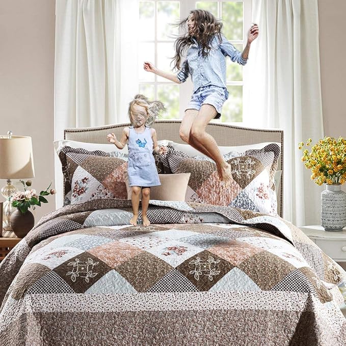 NEWLAKE Quilt Bedspread Sets-Checkered Floral Reversible Coverlet Set,Queen Size