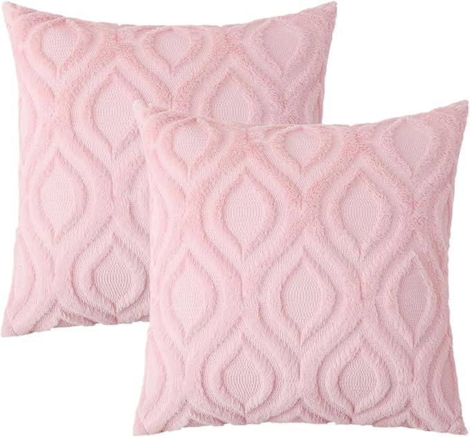 decorUhome Throw Pillow Covers 24x24 Inch Set of 2, Soft Plush Decorative Faux Fur Light Pink Solid Couch Pillow Covers, Accent Farmhouse Neutral Square Euro Pillow Cases for Sofa Bed Living Room