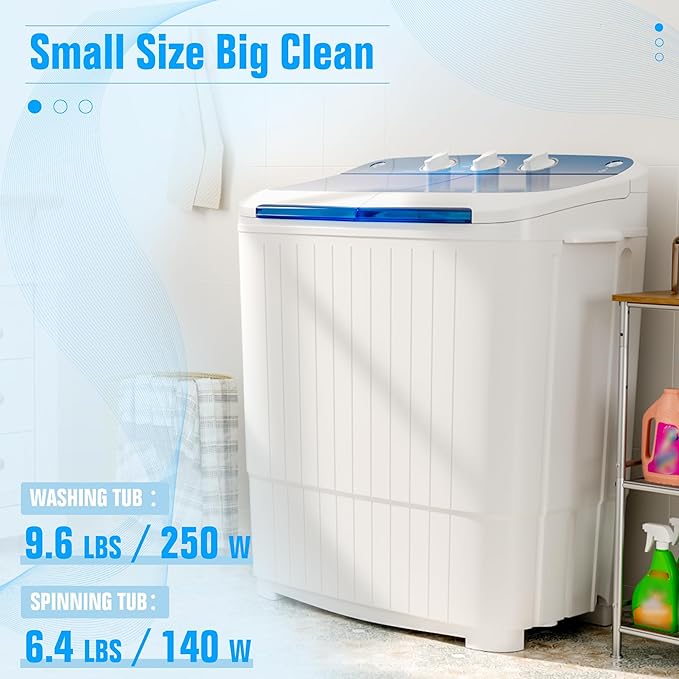 Pataku Portable Washing Machine, Compact Twin Tub Mini Washing Machine, 17.6 LBS Washer and Dryer Combo with Soaking Function, Semi-Automatic for Apartment, Dorms, RVs, Camping (White & Blue)