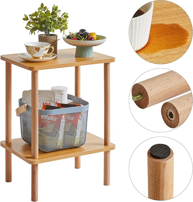 IBUYKE 2-Tier Side Table, Solid Wood Tall End Table with Storage Shelves, Nightstand Bedside Table for Living Room Bedroom Office, No-Tool Assembly, Natural UWST002N