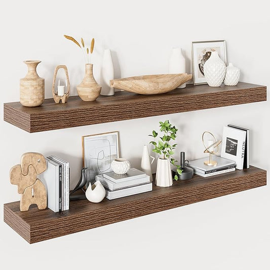 Heimlove 40 Inches Floating Shelves for Wall,9.3" Deep Walnut Long Floating Shelves Set of 2,Large Display Shelf & Storage Shelf,Wall Shelf for Bathroom Bedroom Living Room Kitchen Office
