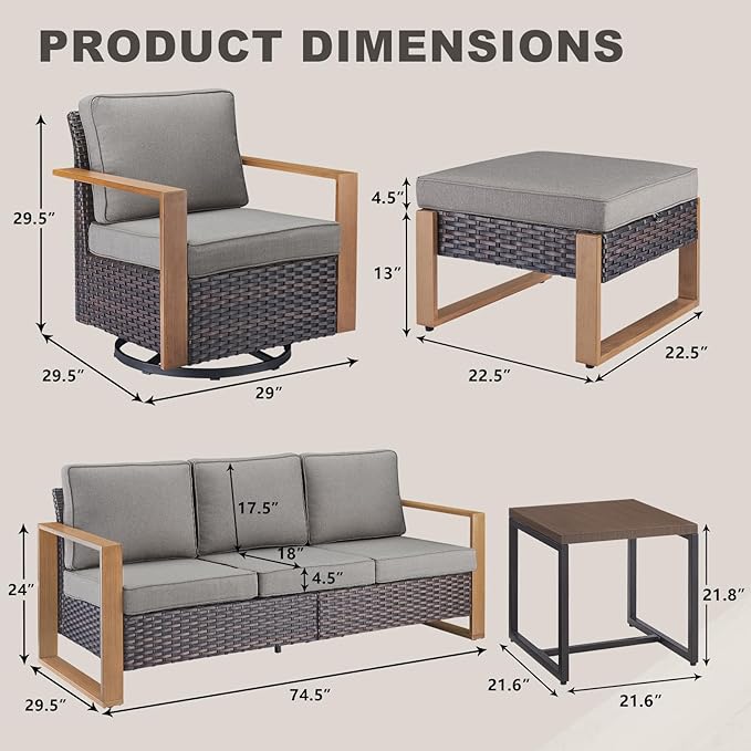 Outdoor Wicker Patio Furniture Set - 6 Piece Patio Conversation Set with 2 Wicker Swivel Rocker Chairs,2 Rattan Ottoman,1 Side Table and 1 Couch,Thick Cushions,Deep Seating(Brown/Grey)