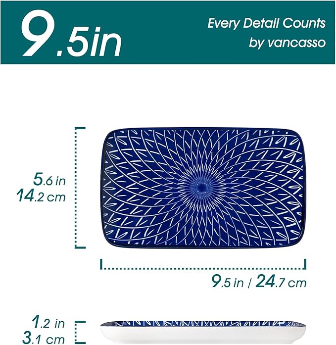 vancasso Selene 9.5 Inch Rectangular Dinner Plates Set of 6, Ceramic Salad Plates for Dessert, Appetizer, Porcelain Serving Platters for Entertaining, Microwave & Oven Safe, Vintage Blue & White Color