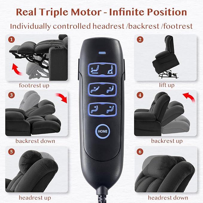 Three Motor Large-Wide Power Lift Chairs Recliners for Big and Tall Elderly, 180° Lay Flat Lift Chair, Infinite Position, Power Headrest, Heat & Vibration Massage (Plush Flannel, Dark Gray)