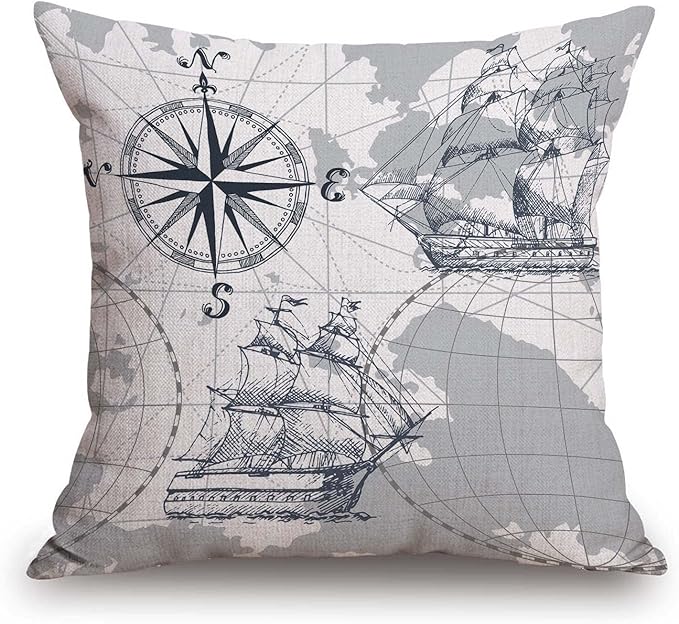 TSSOHU Nautical Sailboat Map Throw Pillow Cover Ship Anchor Cotton Linen Decorative Pillow Case Cushion Cover Home Sofa Decor 18x18 Inch Pillow Cover