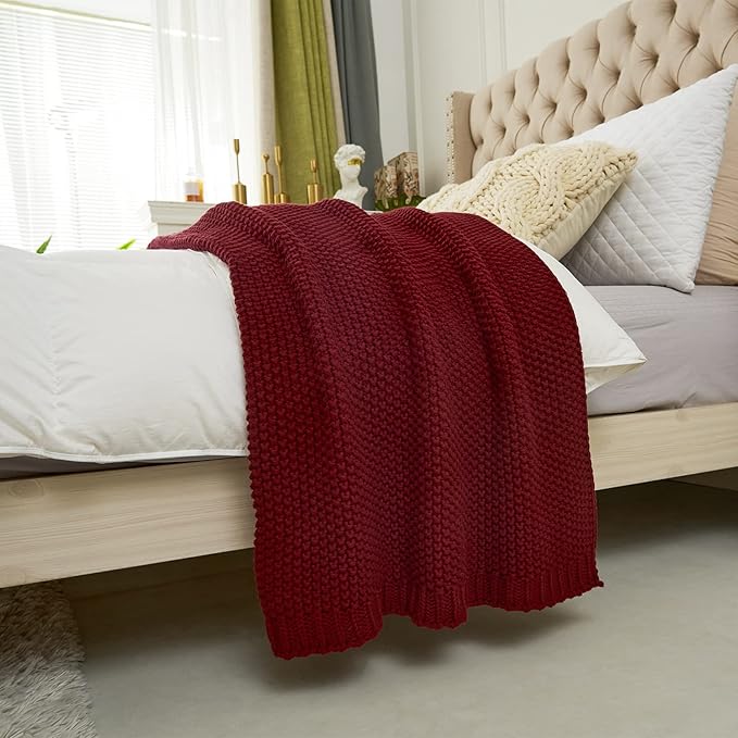Longhui bedding Chunky Cable Knit Throw Blanket Lightweight Burgundy 100% Organic Cotton Blanket for Sofa Couch Bed Baby Nursery, Rustic Shabby Chic Modern Farmhouse, 51” x 63” Give Laundering Bag