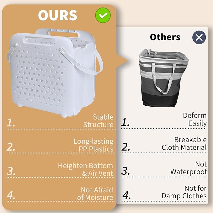 45L Foldable Laundry Basket, Plastic Collapsible Laundry Baskets with Handles, 12 Gallons Dirty Clothes Hamper for Dorm Laundry Room Organization, Freestanding Wall Hanging Laundry Hamper