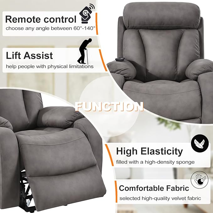 Power Lift Chair Recliners for Elderly, Modern Overstuffed Electric Seniors Recliner Chair with Remote Control Side Pocket for Living Room Bedroom (Dark Grey)