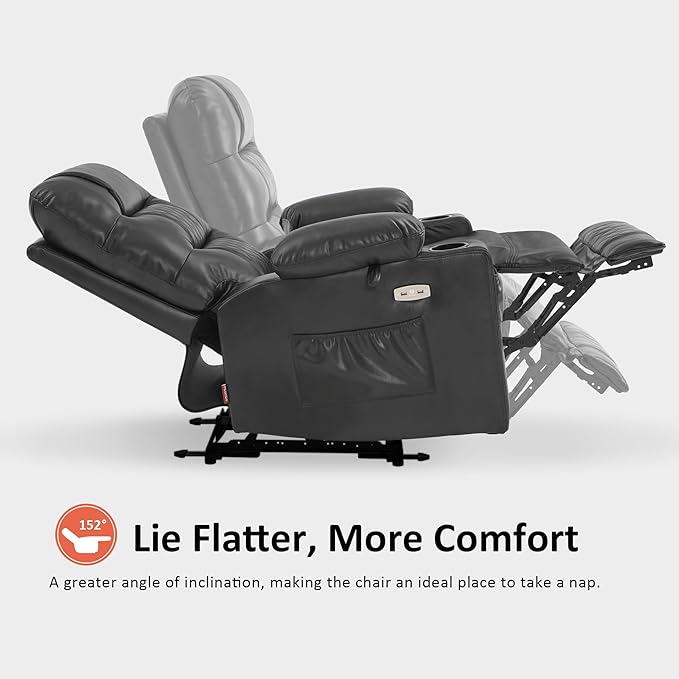 MCombo Zero Gravity Power Recliner Chair with Heat and Vibration Massage, Reclining Chair with USB Ports, Cup Holders for Living Room, Faux Leather PR621 (Grey)
