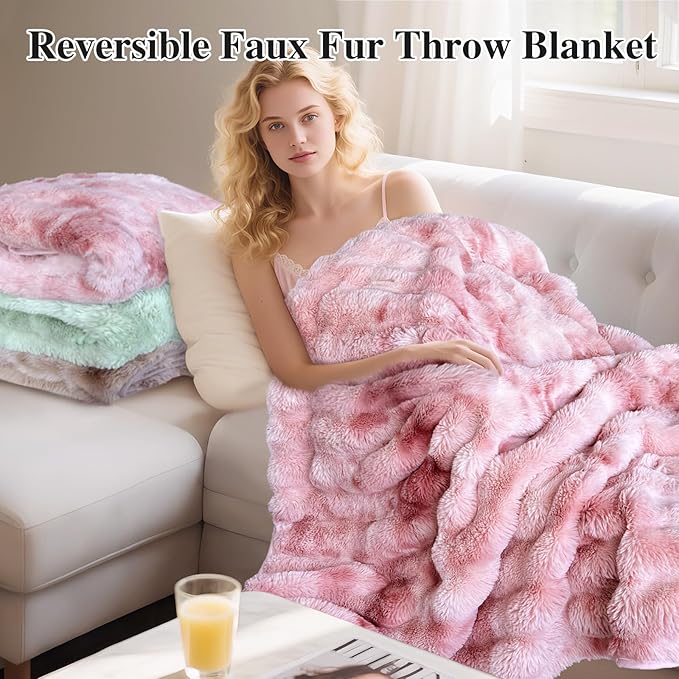 Bcareself Faux Fur Blanket Two Sided Ultra Soft Fluffy Reversible Fuzzy Throw Blanket for Women Men Double Sided Ombre Faux Luxe Faux Fur Thick Minky Blanket for Couch Bed