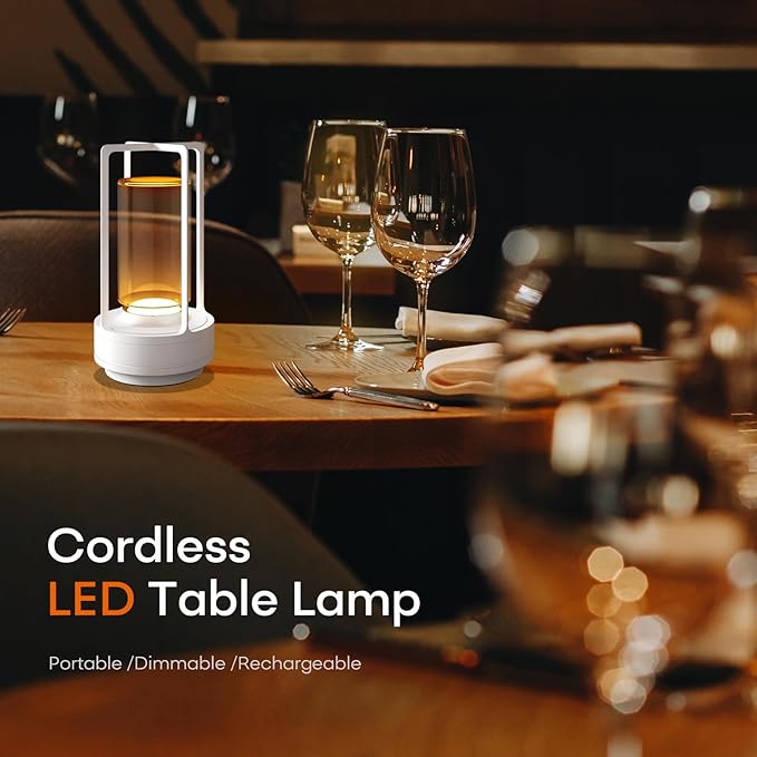 Portable Metal Table Lamp for Indoor/Outdoor ,Rechargeable Cordless LED Lamp, 3-Colour Infinitely Dimming Battery Powered Small Desk Lamp, Restaurant/Bedroom/Bar/Coffee Shop/Camping Light (White)