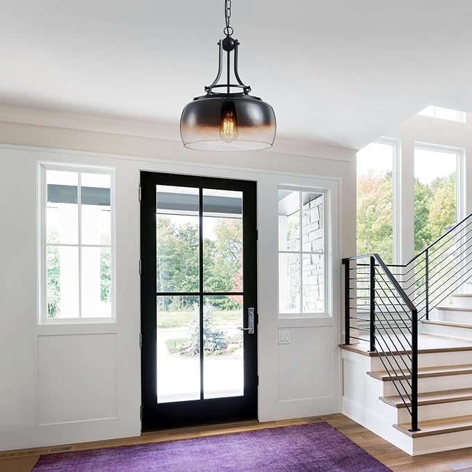 WUZUPS Chandelier Rustic Farmhouse Industrial Round Ceiling Pendant LED Light Fixture with Amber Gradient Black Glass Shades for Dining Room Kitchen Island Foyer Entryway, H 17" x W 13.4", E26 Base