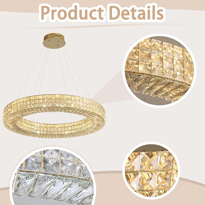 Dia 32" Ring Crystal Chandelier Modern Gold Chandelier Adjustable Height Luxury Crystal Pendant Ceiling Light Fixture for Dining Living Room Bedroom