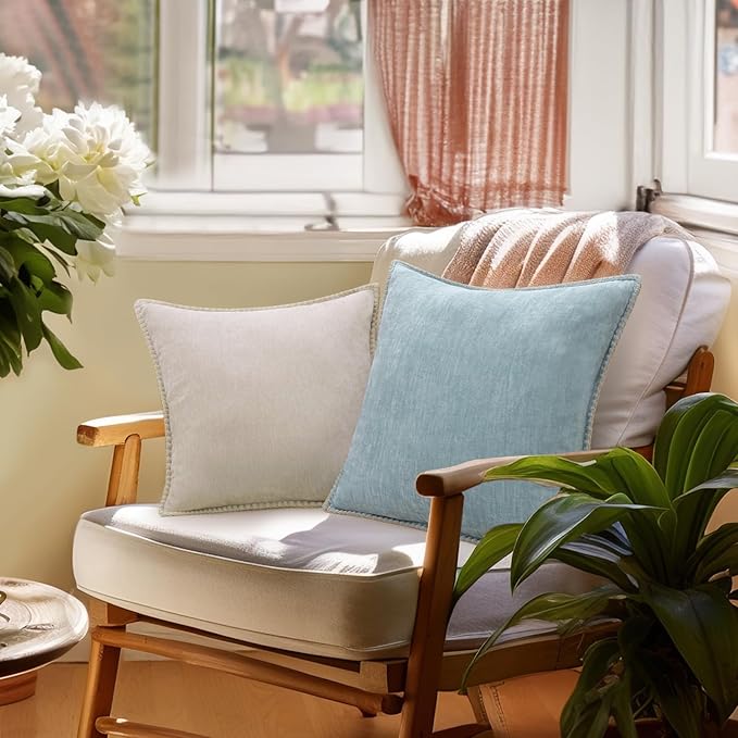 decorUhome Chenille Soft Throw Pillow Covers 12x20 Set of 2, Lumbar Velvet Farmhouse Neutral Decorative Euro Pillow Covers with Stitched Edge for Couch Sofa Bed Home Decor, Aqua Haze