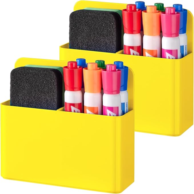 BEYGORM 2 Pack Plastics Magnetic Pen Holder for Refrigerator, Dry Erase Marker Holder for Whiteboard,Magnet School Locker Organizer Accessories, Pencil Cup, Pen Caddy, Classroom Organization(Yellow)