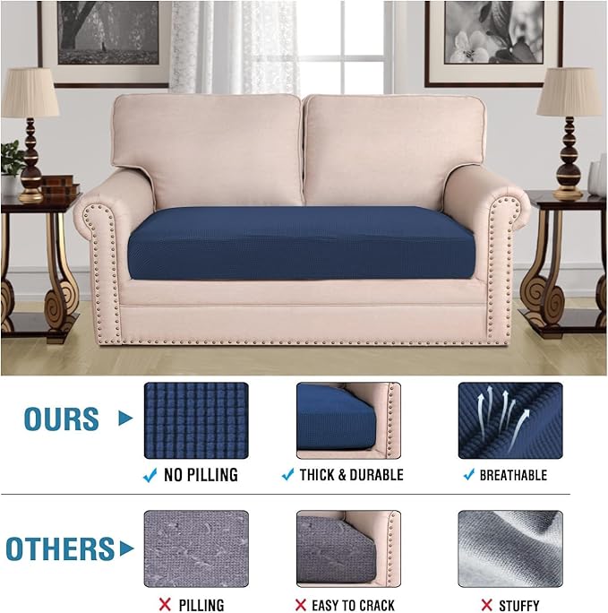 H.VERSAILTEX Super Stretch Individual Seat Cushion Covers Sofa Covers Couch Cushion Covers Slipcover Sets Thick Jacquard Textured Twill Fabric (1 Piece Loveseat Cushion Cover, Navy)